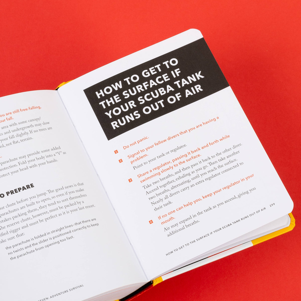 Handbook open to How to Get to the Surface if Your Scuba Tank Runs Out of Air with numbered steps