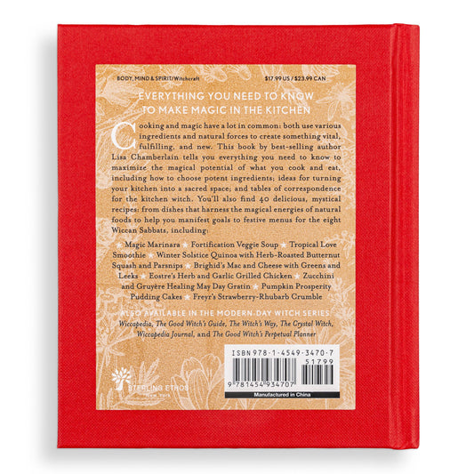 Back of the red Wiccan Kitchen hardcover with a tan blurb panel listing recipes