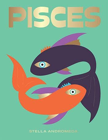 Close-up of the Pisces book cover showing two curving fish forming a circle on a mint green background