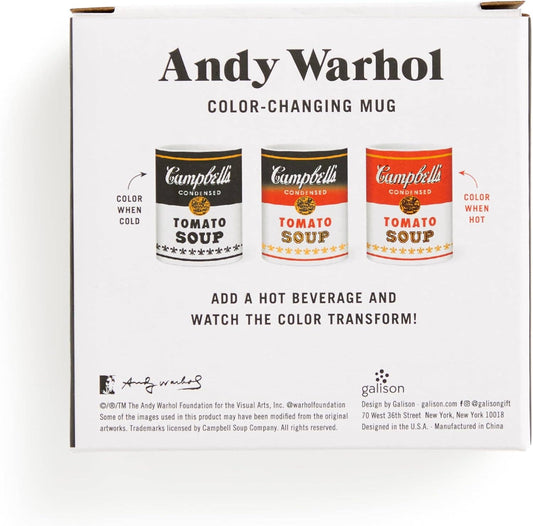 Back of the Warhol mug box showing the mug turning from black when cold to red when hot