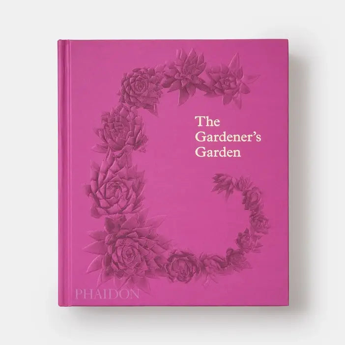 Front cover of The Gardener's Garden, shown flat, pink with a G of sculpted succulents and white title