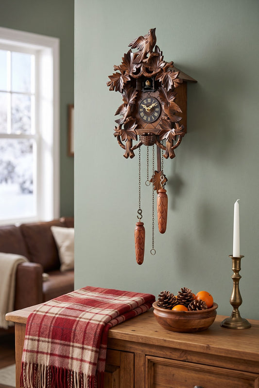 Oak leaf Black Forest cuckoo clock on a sage-green wall above a wooden sideboard