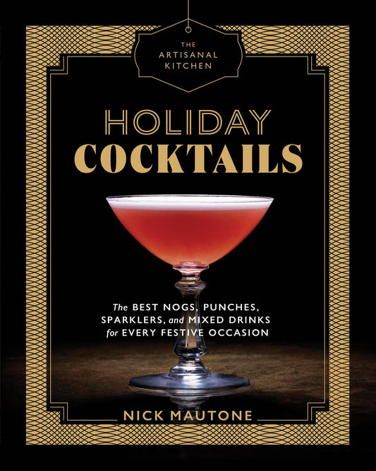 Close-up of the Holiday Cocktails cover by Nick Mautone showing a pink-red drink in a stemmed coupe