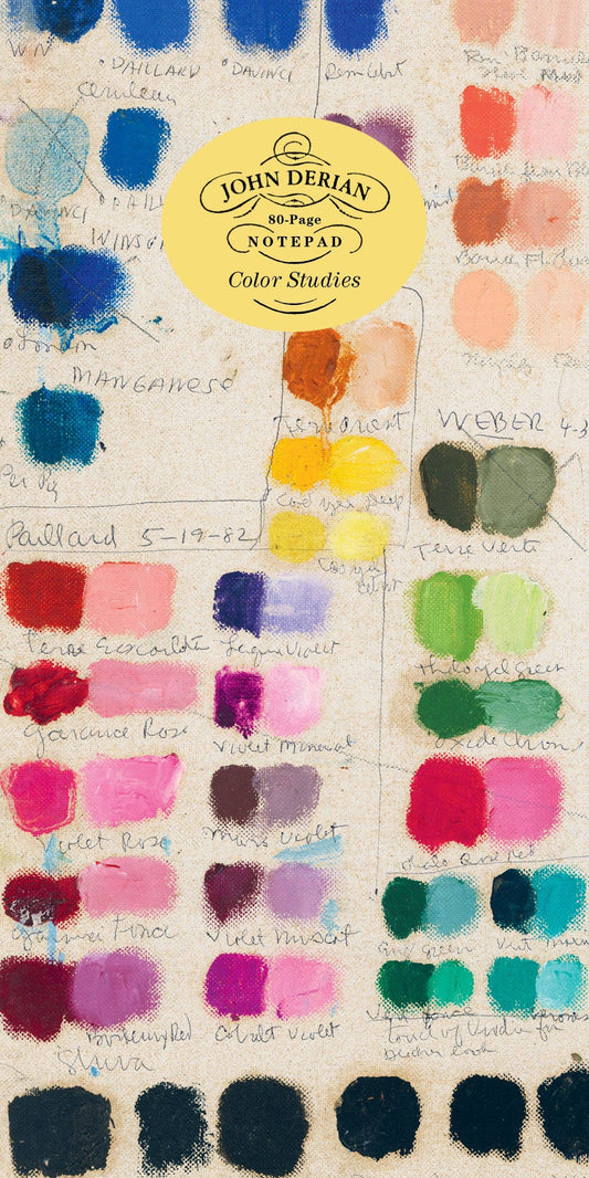 Close-up of the Color Studies notepad cover showing handwritten paint swatch notes in many colors