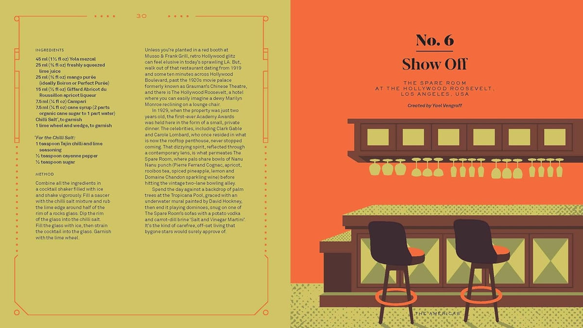 Behind the Bar spread for the Show Off cocktail with a recipe page and an orange illustration of bar stools