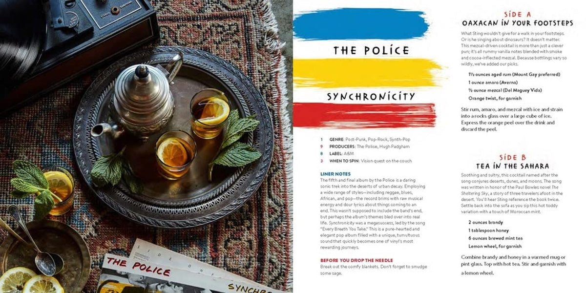 Book spread for The Police's Synchronicity with a tray of tea-style cocktails and recipe text