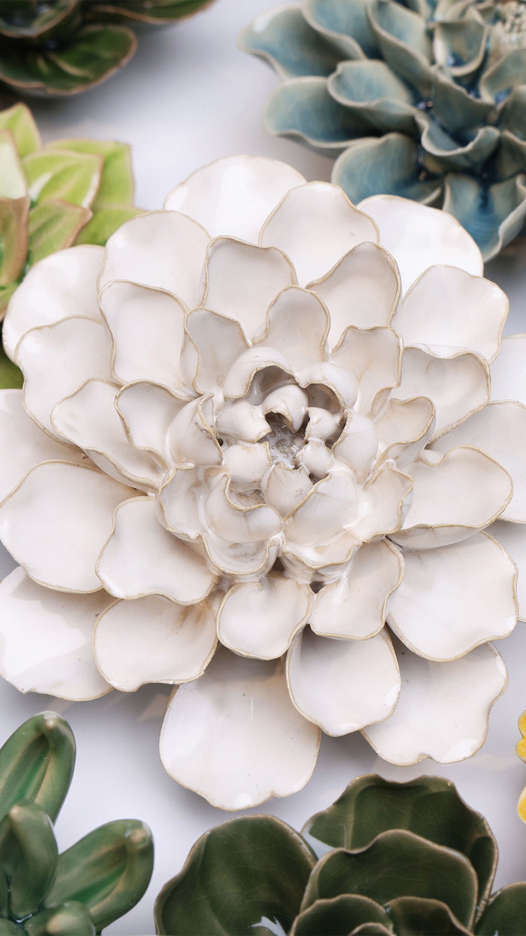 Ivory European Water Lily on a white wall among green and blue ceramic flowers
