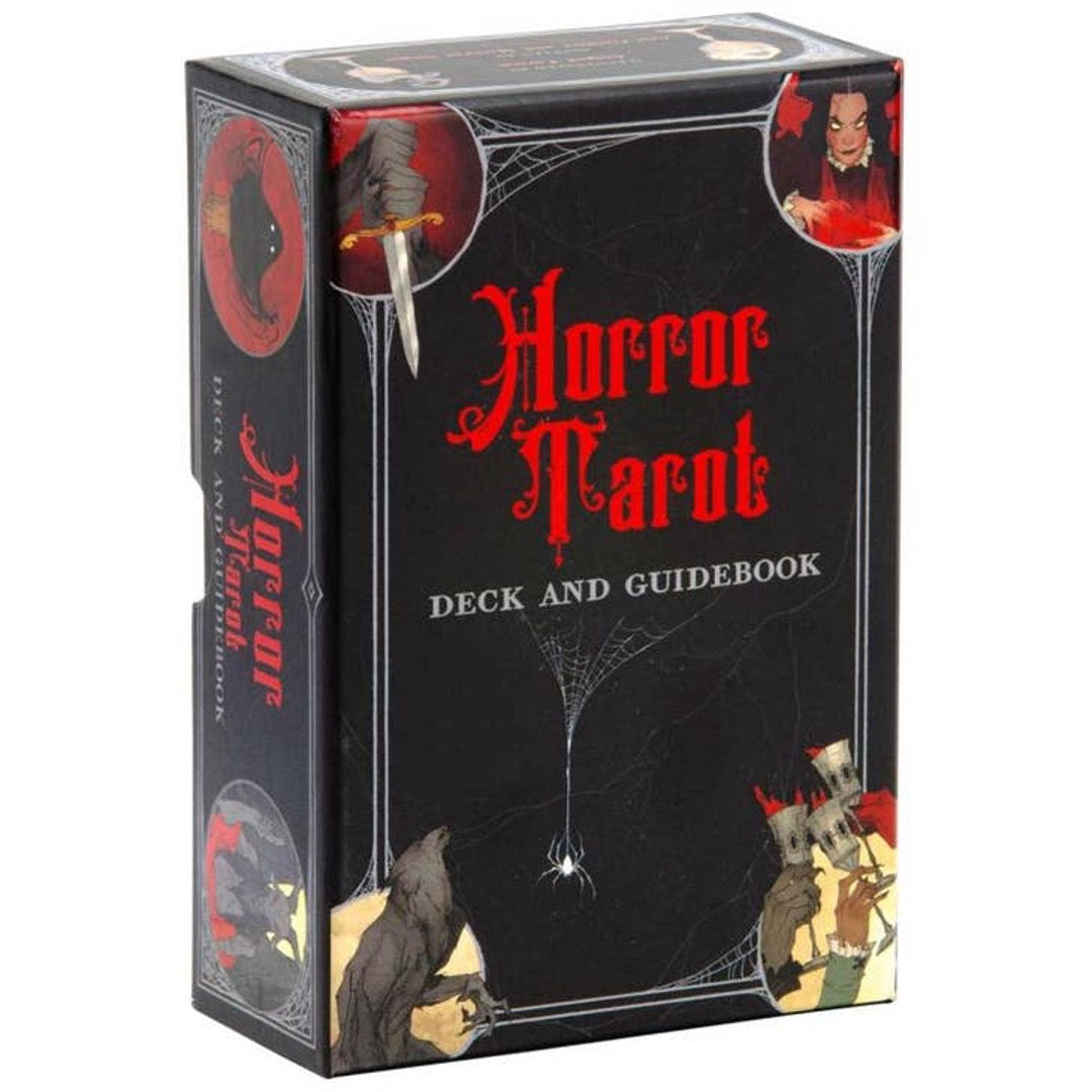 Horror Tarot Deck and Guidebook box in black with red gothic title, spiderwebs, and spooky figures