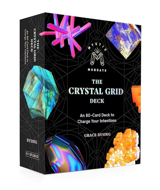 Close crop of The Crystal Grid Deck box front and spine, reading An 80-Card Deck to Charge Your Intentions