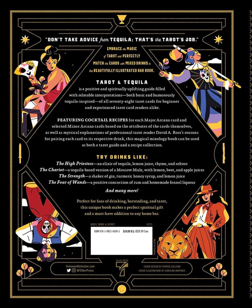 Back cover of Tarot & Tequila with illustrated tarot figures, drink examples and a quote about tequila