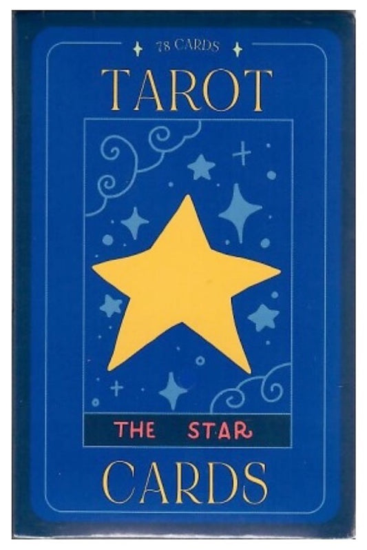 Close-up of The Star tarot card box front with yellow star, swirling clouds, and gold lettering
