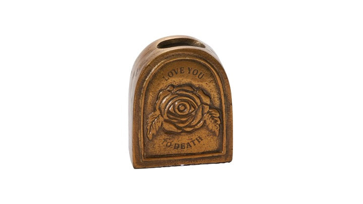Arched Love you to death budvase in antiqued bronze tone with a raised rose design