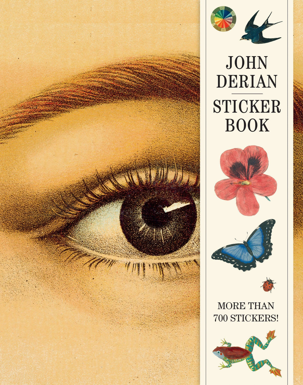 Full-bleed John Derian Sticker Book cover with an antique eye, red flower, blue butterfly, ladybug and frog