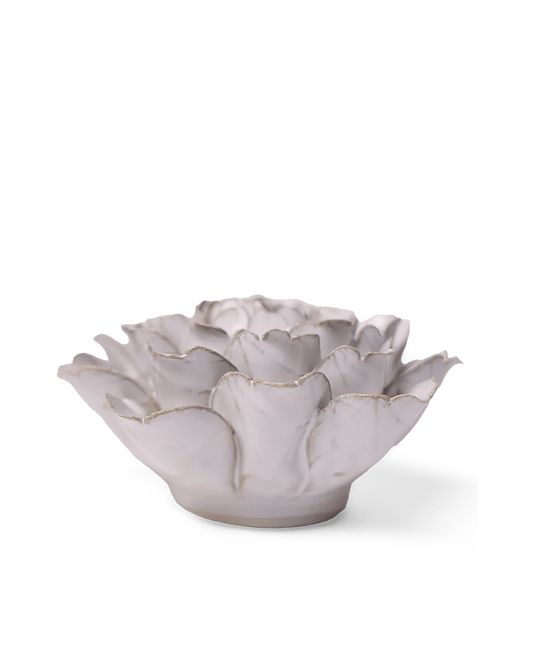 Side view of the Ivory Comanche Peony, a bowl of layered petals on a round base