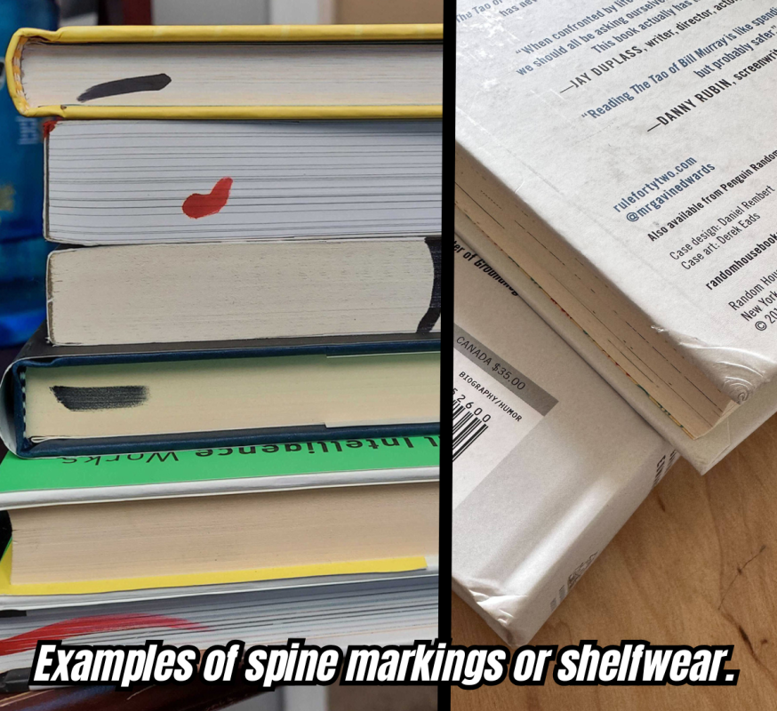 Stacked books with marker lines on page edges and a worn corner, captioned Examples of spine markings or shelfwear