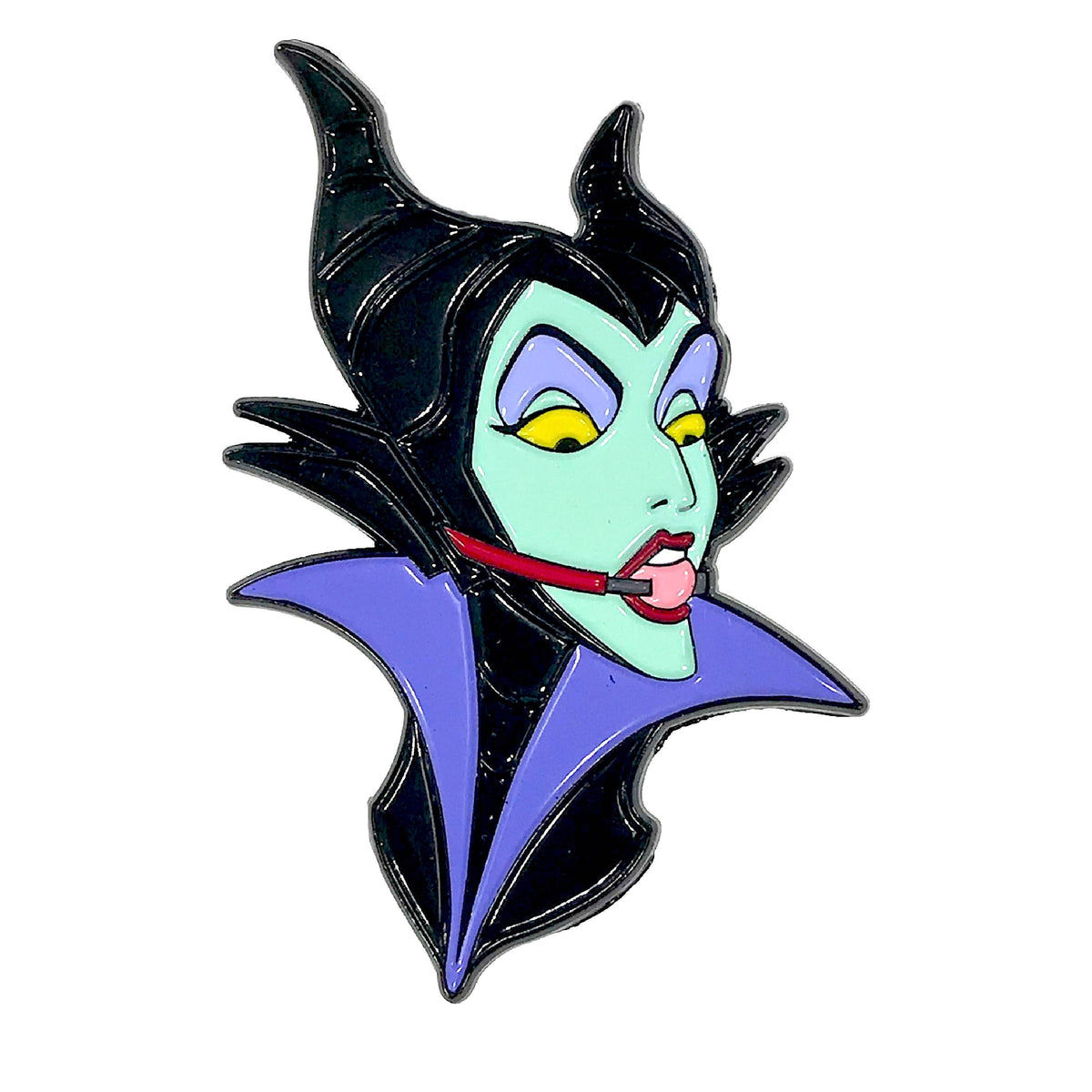 Queen of the Moors enamel pin of a horned villain in black and purple wearing a red ball gag