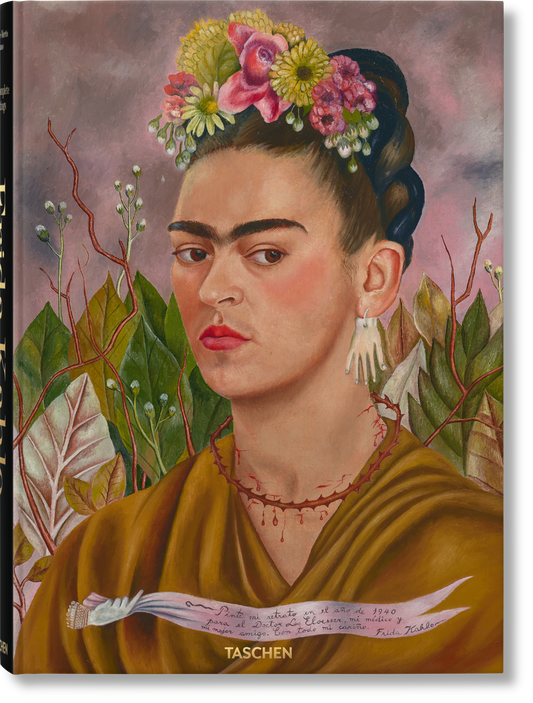 Straight-on view of the Frida Kahlo Taschen cover showing the self-portrait with a thorn necklace