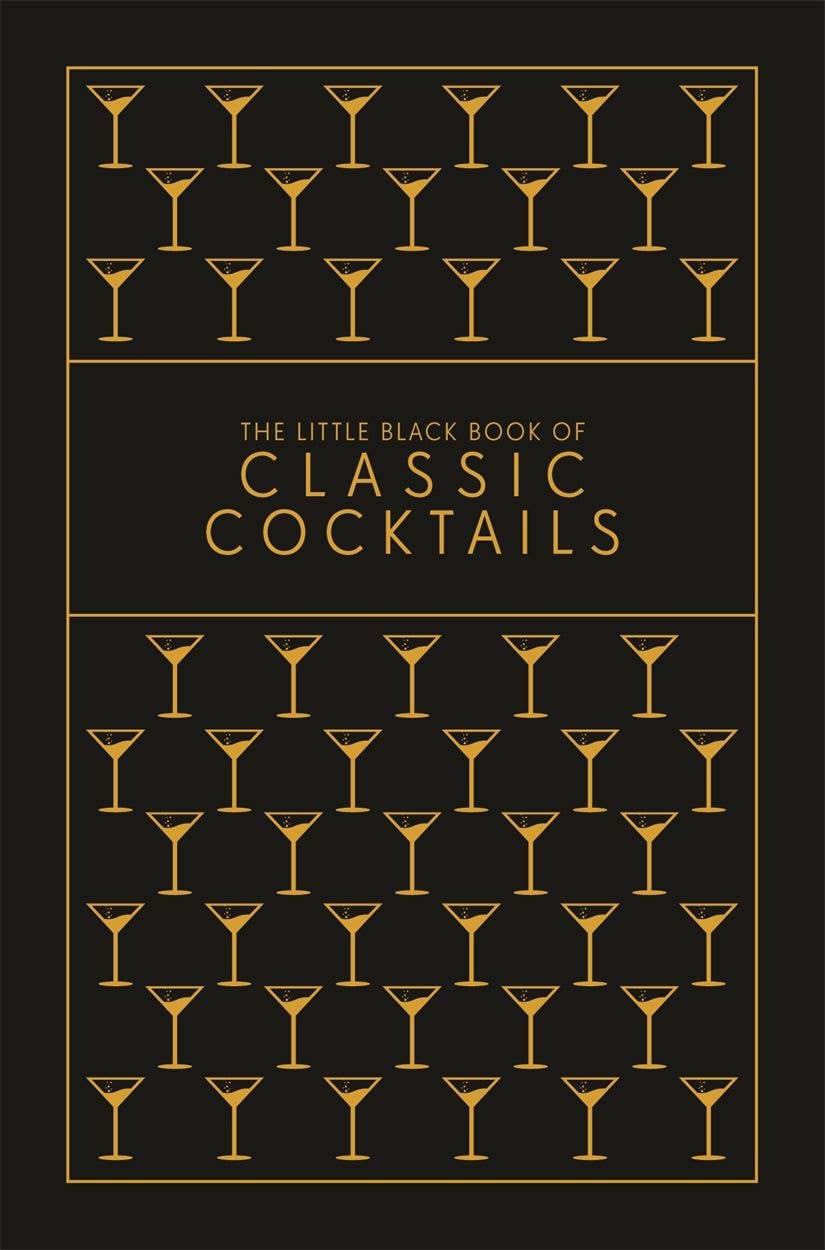 Full-bleed view of The Little Black Book of Classic Cocktails cover with gold title band and martini glass pattern