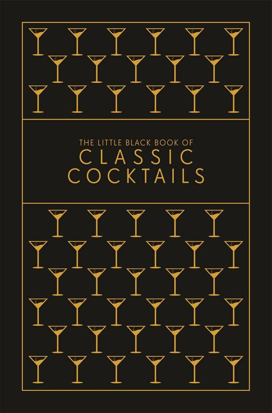 Full-bleed view of The Little Black Book of Classic Cocktails cover with gold title band and martini glass pattern