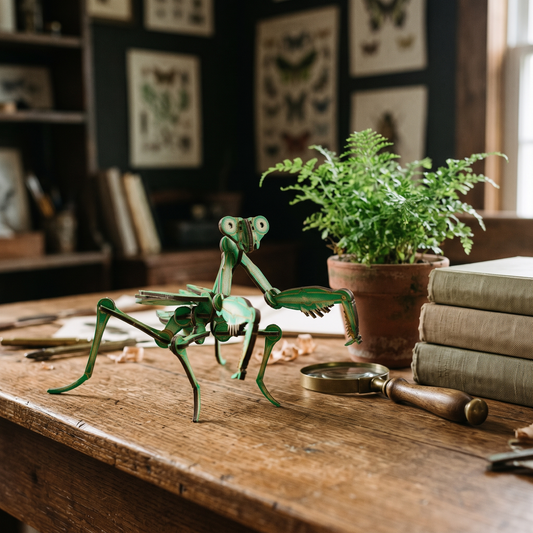 Assembled green Mantis Anthropoda wood model on a desk beside a fern