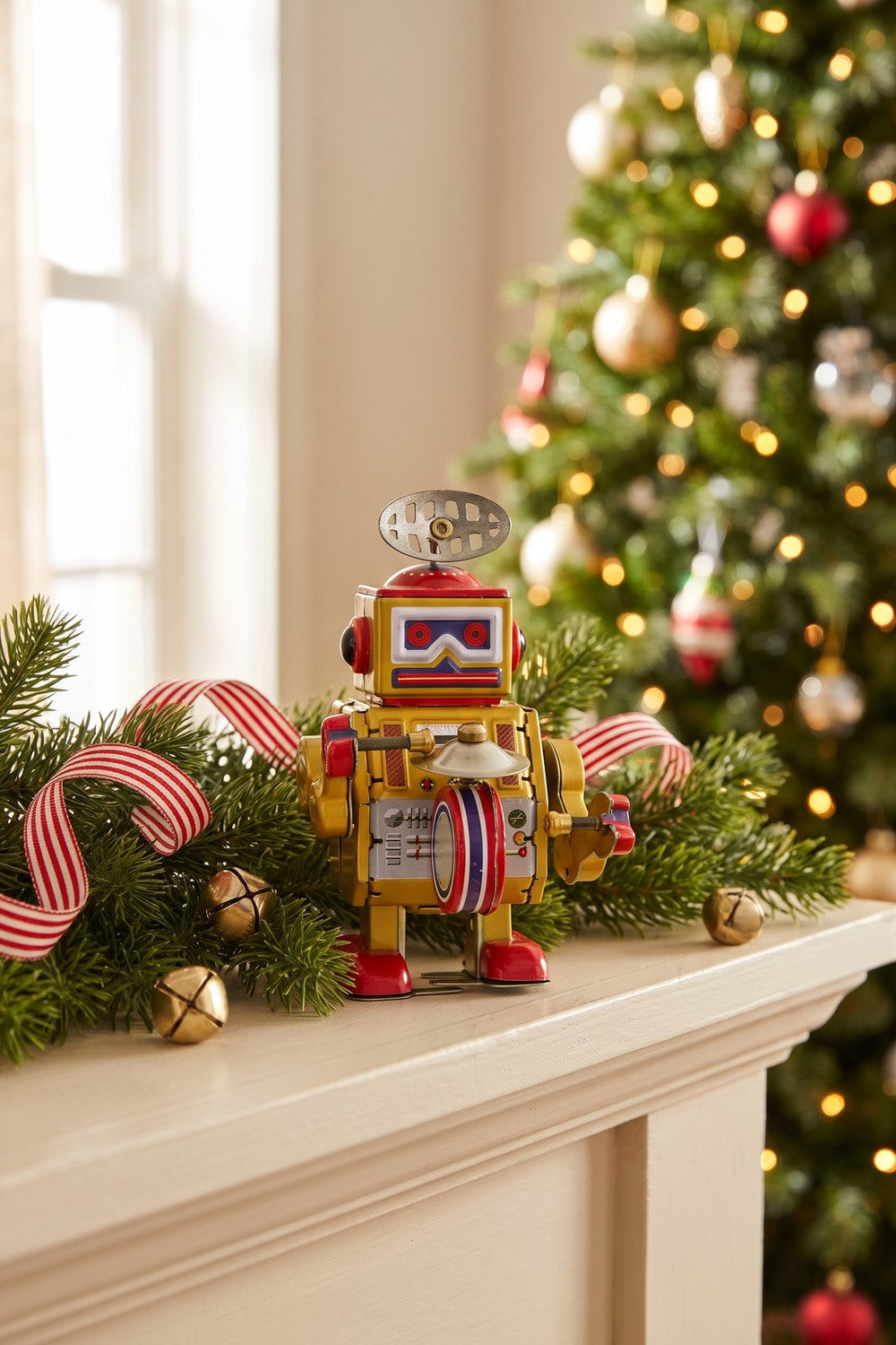 Drummer wind-up tin robot on a holiday mantel with evergreen garland