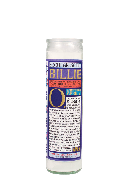 Back of the candle with purple label reading Secular Saint Billie, Saint's Day April 7, and a prayer text