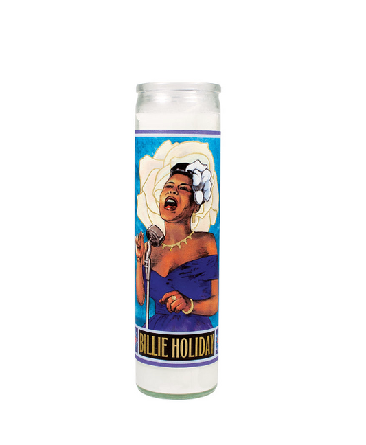 Front of the Billie Holiday prayer candle, closer view of the illustrated label on a white candle