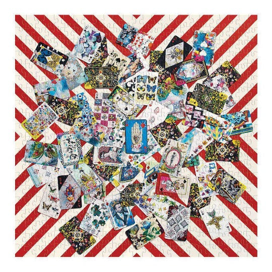 Christian Lacroix puzzle, whimsical illustrated art cards on red and white stripe background.