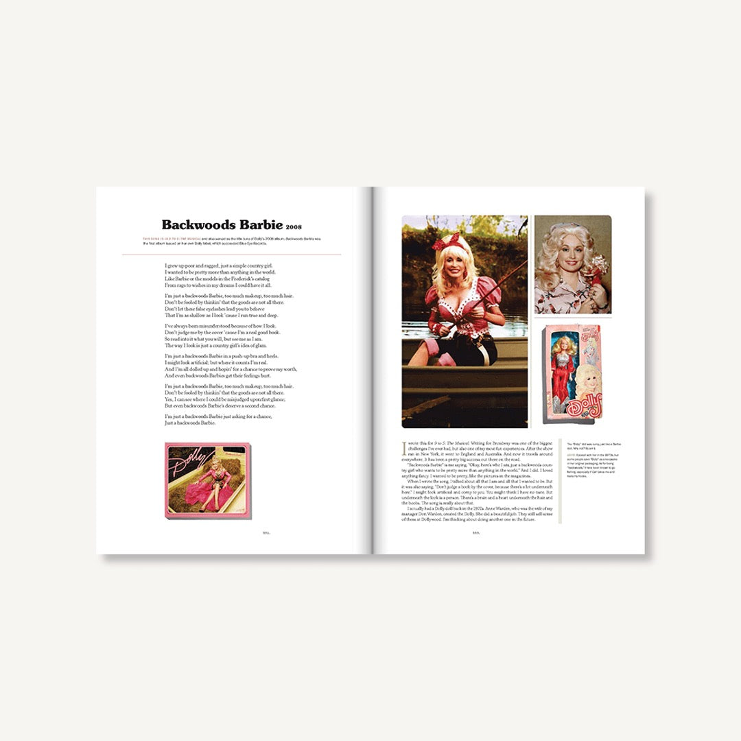 Dolly Parton Songteller spread with Backwoods Barbie lyrics and photos of Dolly in pink and a Barbie doll box