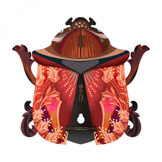 George beetle wall cabinet with wings open to storage. Colors are orange, brown, magenta pattern