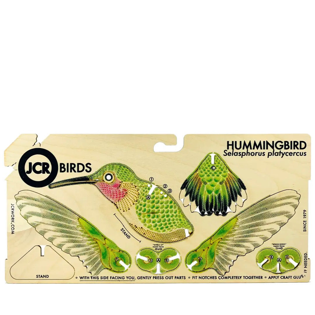 Hummingbird model flat-pack board from JCR Birds with press-out body, wings, tail and stand pieces