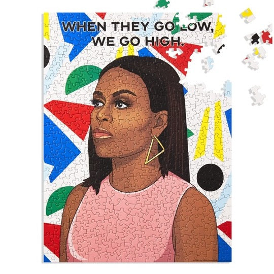 Michelle Obama illustration with colorful abstract images on background. Text reads, When They Go Low, We Go High.