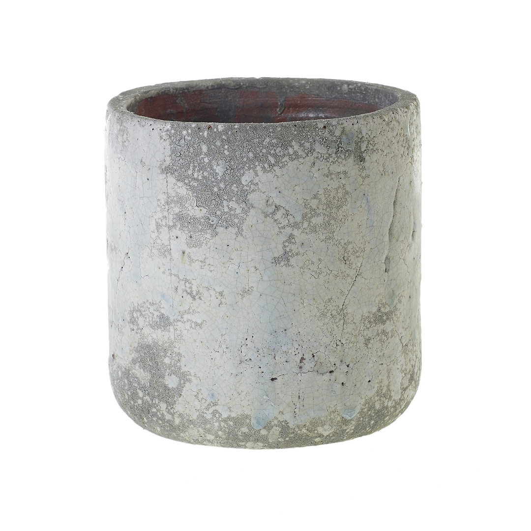 Tall Rhodes pot, a straight-sided cylinder with weathered gray and white crackle texture