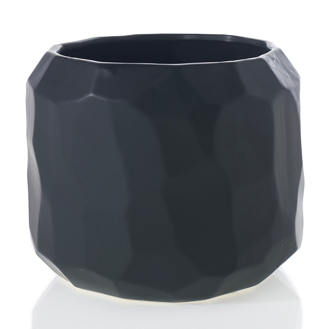Taller Miro pot in matte black with chiseled faceted sides and an open rim