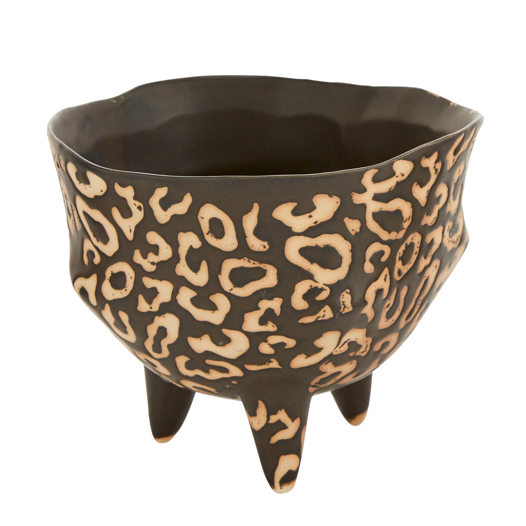 Larger Leesi pot on its own, front view of the black and tan leopard-style pattern