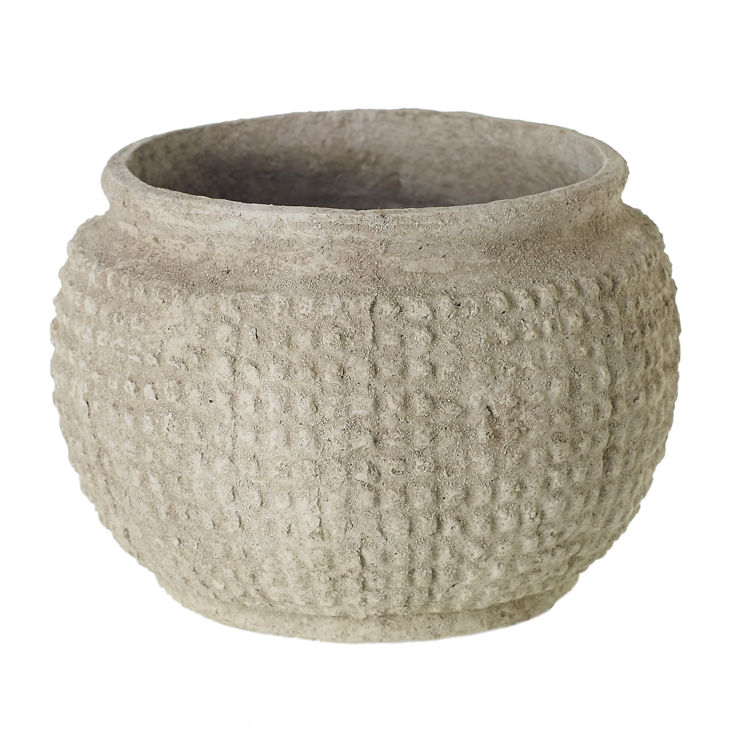 Single Kemble pot, rounded sandy gray form with hand-applied raised dot pattern, shown at eye level