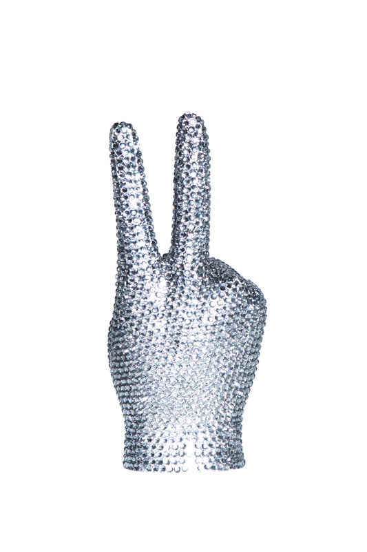 Rhinestone peace sign hand shown from the palm side, two fingers raised, sparkling silver-gray finish