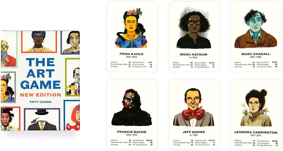 The Art Game New Edition Fifty Cards text. Illustration of various artists with colored borders around each image. Sample of cards.