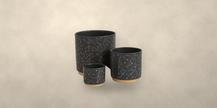 Black constellation pots, set of three, on a cream backdrop - Onederkam astrology gifts