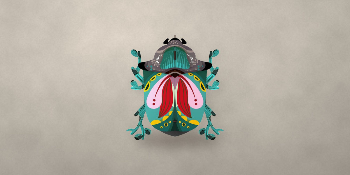 Colorful hand-painted beetle wall cabinet on a soft stone backdrop - Onederkam home decor