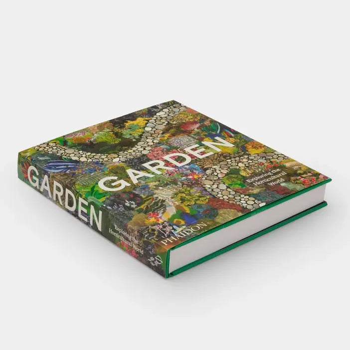 Garden book lying flat with its collage dust jacket, showing the spine and cover title