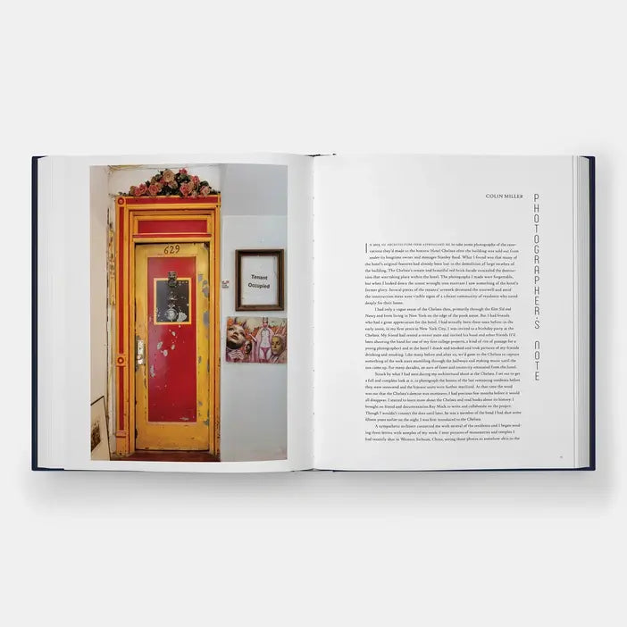 Hotel Chelsea book open to a photo of a red and yellow apartment door beside a Photographer's Note page