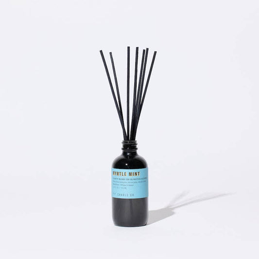 Myrtle Mint reed diffuser in a dark glass bottle with black reeds and a blue label, on white