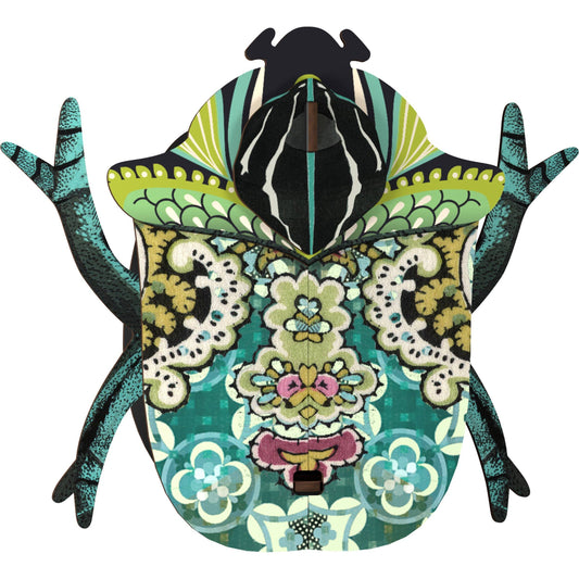 Bill beetle shown from a slight angle, highlighting its dimensional patterned shell