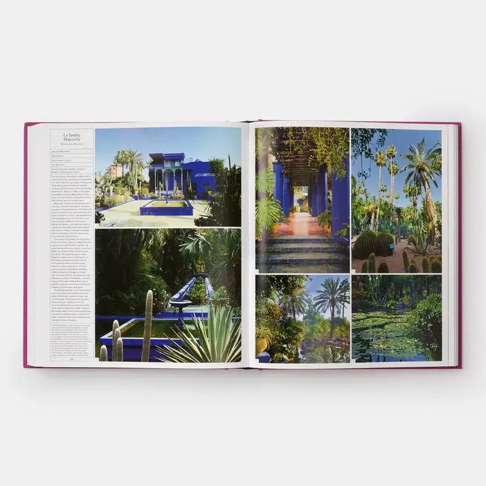 The Gardener's Garden spread of Le Jardin Majorelle with cobalt blue walls, cacti and palm trees