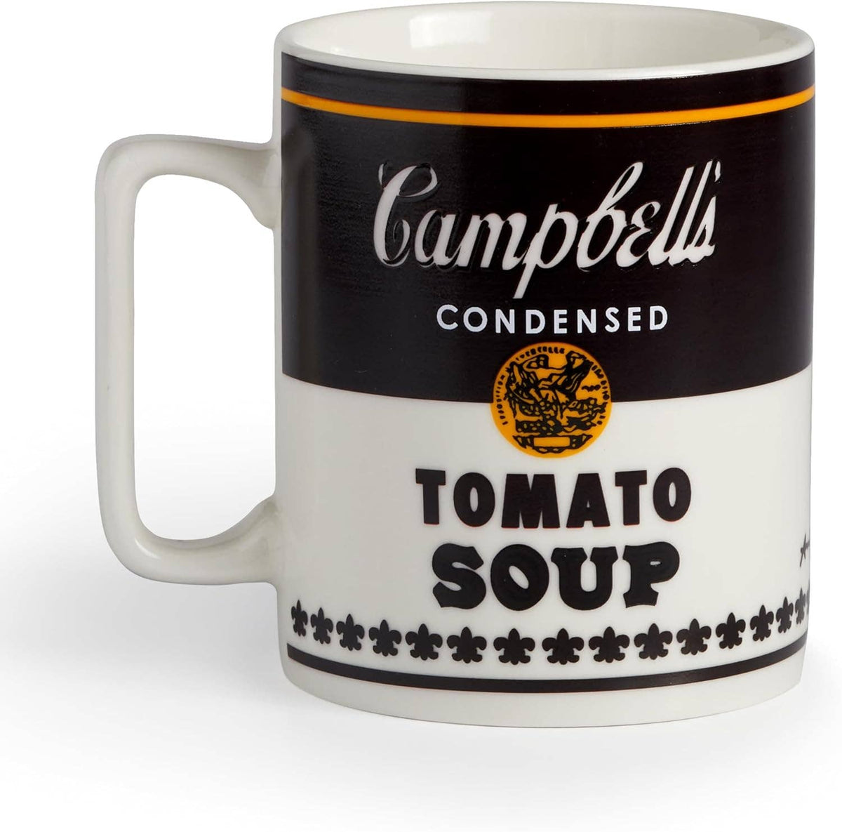Warhol Campbell's Tomato Soup mug in its cold state, black and white soup can label design
