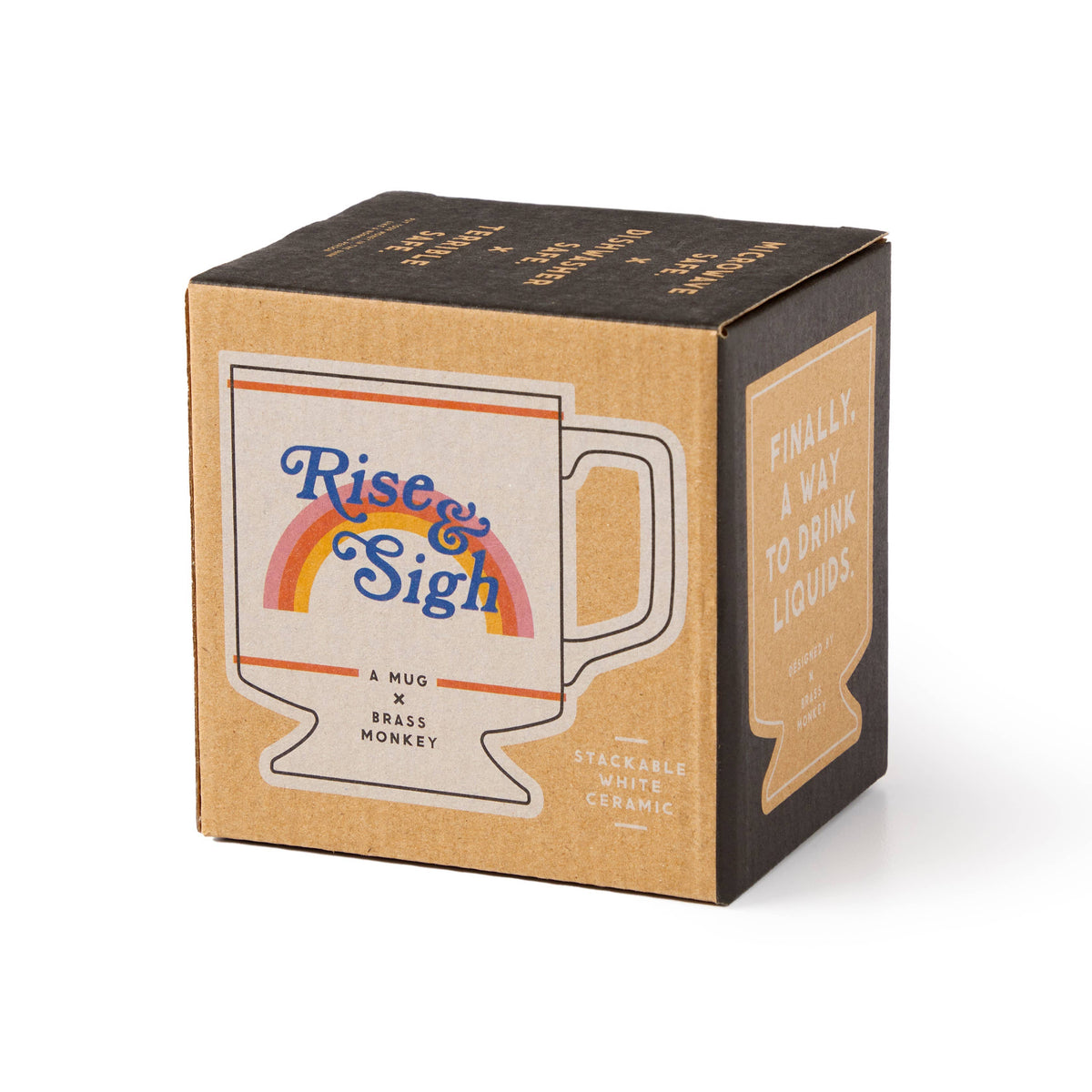 Kraft and black Rise & Sigh gift box on its own, printed with the mug design and Stackable white ceramic