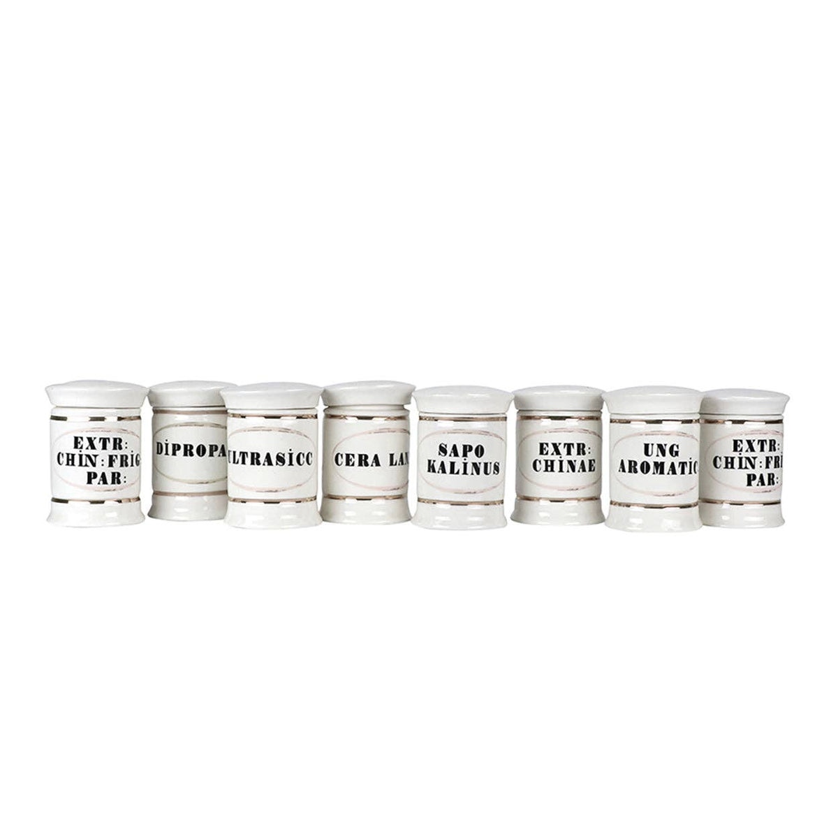 Eight white ceramic apothecary jars with lids lined up in a row, black lettering and silver bands