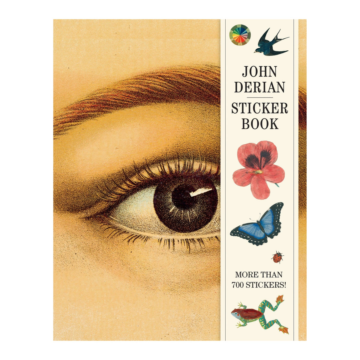 John Derian Sticker Book cover with a vintage close-up of an eye beside a strip of flower, butterfly and frog