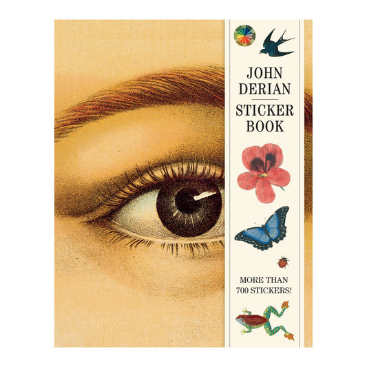 John Derian Sticker Book cover with a vintage close-up of an eye beside a strip of flower, butterfly and frog